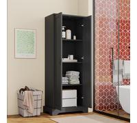 DUlVBPE 56 x 40 x 170 cm. Armario de baño alto con pintura resistente a la humedad, puertas dobles, cuatro estantes, estantes ajustables, bisagras de cierre suave, negro.