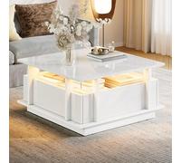 DUlVBPE 70 x 70 x 35 cm, mesa de centro brillante con 2 cajones, luces LED y partición acrílica transparente. Mesa de café, mesa de salón, mesa de sofá, mesa auxiliar, adecuada para habitaciones