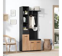 DUlVBPE 80 x 35 x 175 cm, armario de almacenamiento compacto con 2 ganchos, armario de entrada, perchero con zapatero, armario tapizado, negro + color madera