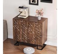 DUlVBPE Aparador 80 × 40 × 78 cm - Serie Hojas Poesía - Aspecto de nogal oscuro con relieve de hojas - Patas de metal, 2 cajones y 2 puertas - Aparador sin mango para salón y comedor