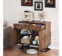 DUlVBPE Aparador 80 × 40 × 78 cm - Serie Hojas Poesía - Aspecto de nogal oscuro con relieve de hojas - Patas de metal, 2 cajones y 2 puertas - Aparador sin mango para salón y comedor