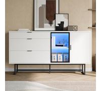 DUlVBPE Aparador blanco, vitrina, armario de almacenamiento, moderno y lujoso, 3 cajones, puertas de cristal, con barra de luz LED