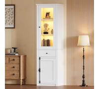 DUlVBPE Armario alto de 55 x 40 x 200 cm, vitrina con un cajón, vitrina de pie con 2 puertas de armario, vitrina de cristal con LED, color blanco, con asas de metal y aleación de aluminio