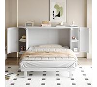 DUlVBPE Armario cama de 140 x 200 cm, cama de pared con somier, cama plegable vertical con somier, con compartimentos de almacenamiento, diseño de ratán, camas de madera, camas juveniles, camas