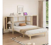 DUlVBPE Armario cama de 140 x 200 cm, cama de pared con somier, cama plegable vertical con somier, con compartimentos de almacenamiento, diseño de ratán, camas de madera, camas juveniles, camas