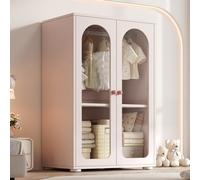 DUlVBPE Armario de 2 puertas, armario lacado, armario de almacenamiento para dormitorio, armario infantil, con barra para colgar, puertas transparentes acrílicas, tiradores de cerámica, rosa bebé, 80