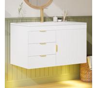 DUlVBPE Armario de baño de 76 cm con lavabo, lavabo colgante de pared con LED y aplicación, grano de madera blanca, cierre suave, sin grifo