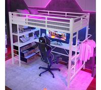 DUlVBPE Cama alta, 90 x 200 cm, con luces LED, escritorio, enchufe + USB, 3 cajones, estanterías, barandillas, escaleras, sin colchón, color blanco