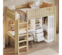 DUlVBPE Cama alta, 90 x 200 cm, escritorio, armario, 3 cajones, espacio de almacenamiento abierto, barandilla, escalera, sin colchón, naturaleza