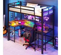 DUlVBPE Cama alta 90 x 200 cm, marco de hierro con barra LED que cambia de color, con escritorio, 1 puerto USB + 1 conector tipo C y 2 tomas de corriente, con pared perforada, sin colchón, color negro