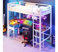 DUlVBPE Cama alta 90 x 200 cm, marco de hierro con barra LED que cambia de color, con escritorio, 1 puerto USB + 1 conector tipo C y 2 tomas de corriente, con pared perforada, sin colchón, color