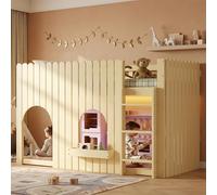 DUlVBPE Cama alta con vallas, litera, cuna, tiras de luz LED multicolor, escalera recta de tres niveles, ventanas arqueadas, pequeño compartimento de almacenamiento, pino+MDF, natural, 90 x 200 cm