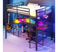 DUlVBPE Cama alta de 140 x 200 cm, marco de hierro con barra LED que cambia de color, con escritorio, 1 puerto USB + 1 conector tipo C y 2 tomas de corriente, con pared perforada, sin colchón, color