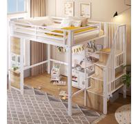 DUlVBPE Cama alta de 140 x 200 cm, marco de hierro, escalera, espacio de almacenamiento abierto debajo de la cama, diseño de ventana, barandilla de seguridad, sin colchón, color blanco