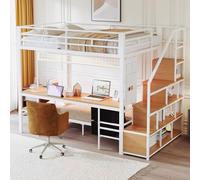 DUlVBPE Cama alta de metal, multifunción, con escritorio, LED, con enchufes, espacio de almacenamiento abierto y cajón de tela, cama superior de 140 x 200 cm, y cama inferior de 90 x 200, color blanco