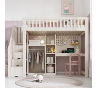 DUlVBPE Cama alta infantil blanca de 90 x 200 cm con escritorio, armario de escalera y armario, estanterías abiertas, conectores USB/USB C, somier, solución todo en uno que ahorra espacio, sin colchón