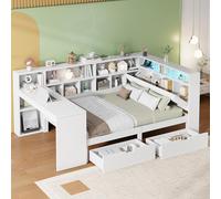 DUlVBPE Cama con plataforma de madera en forma de L de 140 x 200 cm, con escritorio y estantería, cama capitán de esquina con cabecero acolchado, cajones debajo de la cama, luz LED - blanco