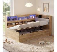 DUlVBPE Cama de día para niños, cama de madera para niños, 90 x 200 cm, con estación de carga USB e iluminación LED, color natural