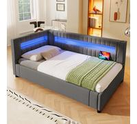 DUlVBPE Cama diurna, sofá cama, 90 x 200 cm, barra de luz LED con mando a distancia al final de la cama, almacenamiento hidráulico, sin colchón, USB + tipo C, lino, gris