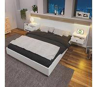 DUlVBPE Cama doble con 2 cajones LED y enchufe USB C, 180 x 200 cm, cama de madera, incluye 2 mesitas de noche, dormitorio, 205 x 284 x 90,5 cm (profundidad/ancho/alto), juego completo en roble Sonoma