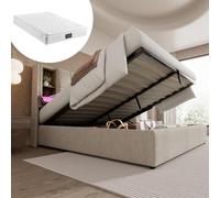DUlVBPE Cama doble con carga inalámbrica USB C, cama tapizada 140 x 200 cm, estructura de cama con espacio de almacenamiento, somier de láminas de madera natural (con colchón)