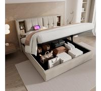 DUlVBPE Cama doble con carga inalámbrica USB C, cama tapizada 180 x 200 cm, estructura de cama con espacio de almacenamiento, somier de láminas de madera y lino natural
