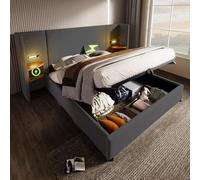 DUlVBPE Cama doble tapizada de 180 x 200 cm, con mesita de noche, lámpara de lectura y función de carga USB Type-C, sistema de almacenamiento, estructura de cama con somier de madera maciza y metal