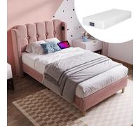 DUlVBPE Cama individual tapizada con función de carga USB tipo C, estructura de cama con somier, cama tapizada en color rosa, marco de cama de 90 x 200 cm, cama juvenil para dormitorio, habitación de