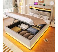 DUlVBPE Cama tapizada, 140 x 200 cm, con función de carga USB tipo C, iluminación LED, almacenamiento hidráulico, compartimento de almacenamiento con tapa, sin colchón, botón pulsador/appdienung, lino