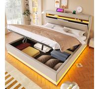 DUlVBPE Cama tapizada, 180 x 200 cm, con función de carga USB tipo C, iluminación LED, almacenamiento hidráulico, compartimento de almacenamiento con tapa, sin colchón, botón pulsador/appdienung, lino