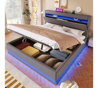 DUlVBPE Cama tapizada, 180 x 200 cm, con función de carga USB tipo C, iluminación LED, almacenamiento hidráulico, compartimento de almacenamiento con tapa superior, sin colchón, botón pulsador