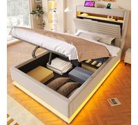 DUlVBPE Cama tapizada, 90 x 200 cm, con función de carga USB tipo C, iluminación LED, almacenamiento hidráulico, compartimento de almacenamiento con tapa, sin colchón, botón pulsador/appdienung, lino