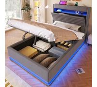 DUlVBPE Cama tapizada, 90 x 200 cm, con función de carga USB tipo C, iluminación LED, almacenamiento hidráulico, compartimento de almacenamiento con tapa, sin colchón, botón pulsador/appdienung, lino