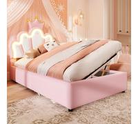 DUlVBPE Cama tapizada, 90 x 200 cm, sin colchón, tira de luz LED, con mecanismo de elevación hidráulica, cama de princesa en forma de corona, cabecero ajustable, PU, rosa