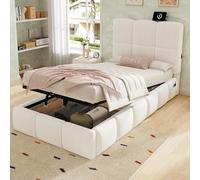 DUlVBPE Cama tapizada, cama individual, cuna 90 x 200 cm, cama funcional hidráulica, cama con somier, cabecero, gran espacio de almacenamiento y puerto de carga USB, cabecero acolchado de terciopelo