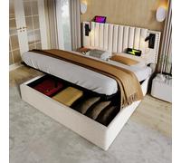DUlVBPE Cama tapizada de 140 x 200, cama doble, espacio de almacenamiento, luz de lectura con función de carga USB, cabecero, respaldo con diseño de remaches, cama con somier y cajón, algodón, beige