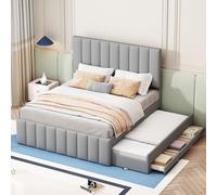 DUlVBPE Cama tapizada de 140 x 200 cm con cama nido y cajones, tapizado de lino agradable al tacto, cama doble, cama infantil, cama juvenil, cama de invitados (gris)