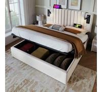 DUlVBPE Cama tapizada de 160 x 200, cama doble, espacio de almacenamiento, luz de lectura con función de carga USB, cabecero, respaldo con diseño de remaches, cama con somier y cajón, algodón, beige