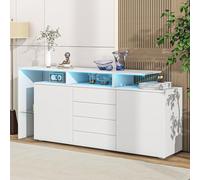 DUlVBPE Cómoda con LED, mueble de salón en color blanco brillante, armario de salón, armario de pie, mueble de TV, pared de salón, tablero alto, armario multiusos, armario buffet comedor