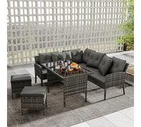 DUlVBPE Conjunto de muebles de jardín de polirratán para 7 personas, con sofá, mesa, taburete y cojín, funda de tela extraíble y lavable, color gris