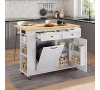 DUlVBPE Isla de cocina con ruedas, mesa de comedor extensible, isla de cocina con compartimento para basura y toallero, carrito de servir móvil con regletas, ideal para cocina y comedor (blanco)