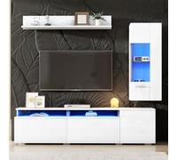 DUlVBPE Juego de 3 muebles de salón para TV, iluminación LED, brillante, para salón, pared frontal, 1 armario para TV, vitrina para salón, estantería colgante, TV hasta 80 pulgadas, color blanco