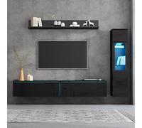 DUlVBPE Juego de 3 muebles de salón para TV, iluminación LED, color negro, 1 armario para TV, 1 vitrina para salón, 1 estante colgante, TV hasta 80 pulgadas