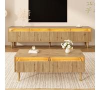 DUlVBPE Juego de muebles LED modernos: mueble de TV con 4 puertas y mesa de café con 2 cajones, diseño de madera y dorado, iluminación LED, estructura ondulada y frontal acrílico para una vida