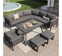 DUlVBPE Juego de sofá de jardín en forma de media luna para 8 personas/estructura de hierro resistente con cojines grises/Completo con mesa de cristal, 1 sillón y 2 taburetes/muebles de terraza para