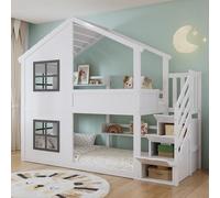 DUlVBPE Litera, cama infantil, con hermosas ventanas y techo, somier de listones estable, armario de almacenamiento de escaleras de 3 niveles, pino + MDF + madera contrachapada, blanco y gris, 90 x