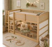 DUlVBPE Litera, cama infantil, escalera de tres niveles, con estante y tira de luz LED, valla en todos los lados, madera de pino+MDF+mimbre sintético, natural+blanco, 90 x 200 cm
