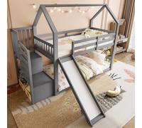 DUlVBPE Litera con escalera de almacenamiento y tobogán, cama de casa (sin colchón), cuna con barandilla, adecuada para niños, adolescentes, 90 x 200 cm, gris