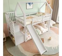 DUlVBPE Litera con escalera de almacenamiento y tobogán, cama de casa (sin colchón), cuna con barandilla, adecuada para niños, adolescentes, 90 x 200 cm, color blanco