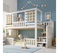 DUlVBPE Litera de 90 x 200 cm, color blanco, estilo cabaña, con ventanas de madera y armario de escaleras, cuna con 2 superficies, somier incluido, EN 747, sin colchón